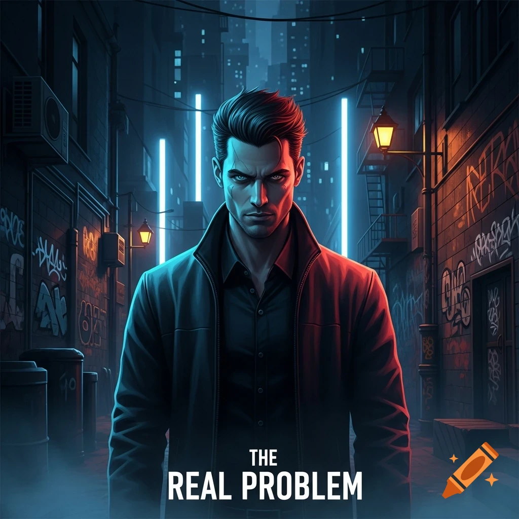 Comic book style portrait of a determined man in a black jacket in a neon-lit urban alley, with text 'THE REAL PROBLEM'.