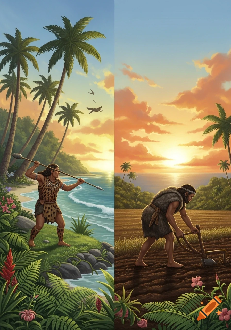 Split image showing a prehistoric man hunting with a spear on a tropical beach and another plowing a field at sunset.