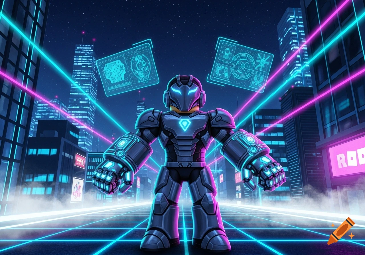 Roblox character in futuristic armor standing heroically in a neon cyberpunk city with glowing holographic screens.