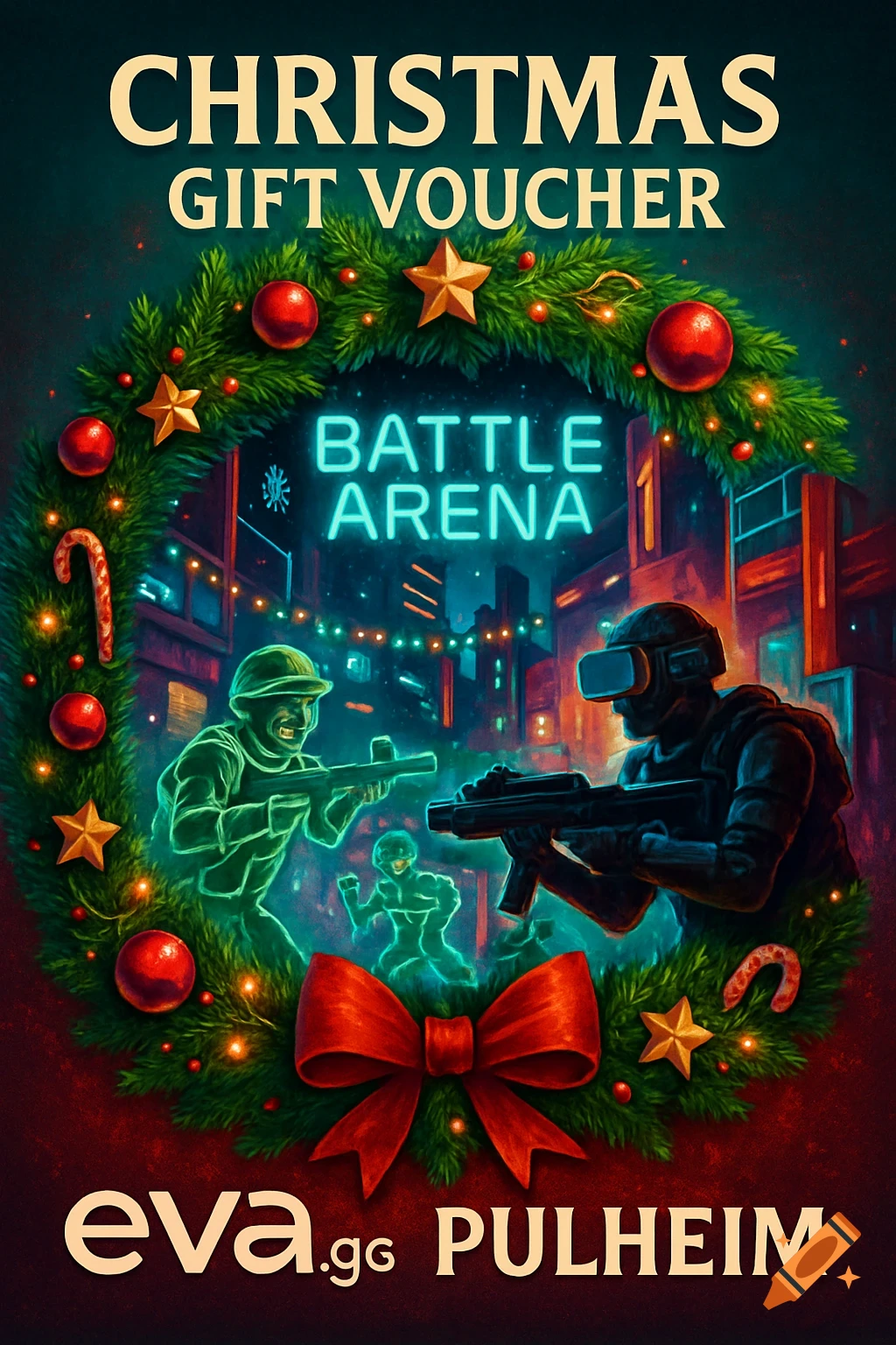 Christmas gift voucher with a festive wreath framing a neon 'BATTLE ARENA' scene with VR gamers, and 'eva.gg PULHEIM' text.