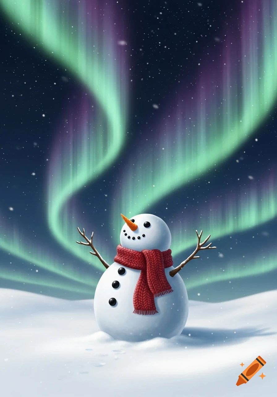 A smiling snowman in a red scarf with twig arms gazes up at green and purple northern lights in a snowy landscape.