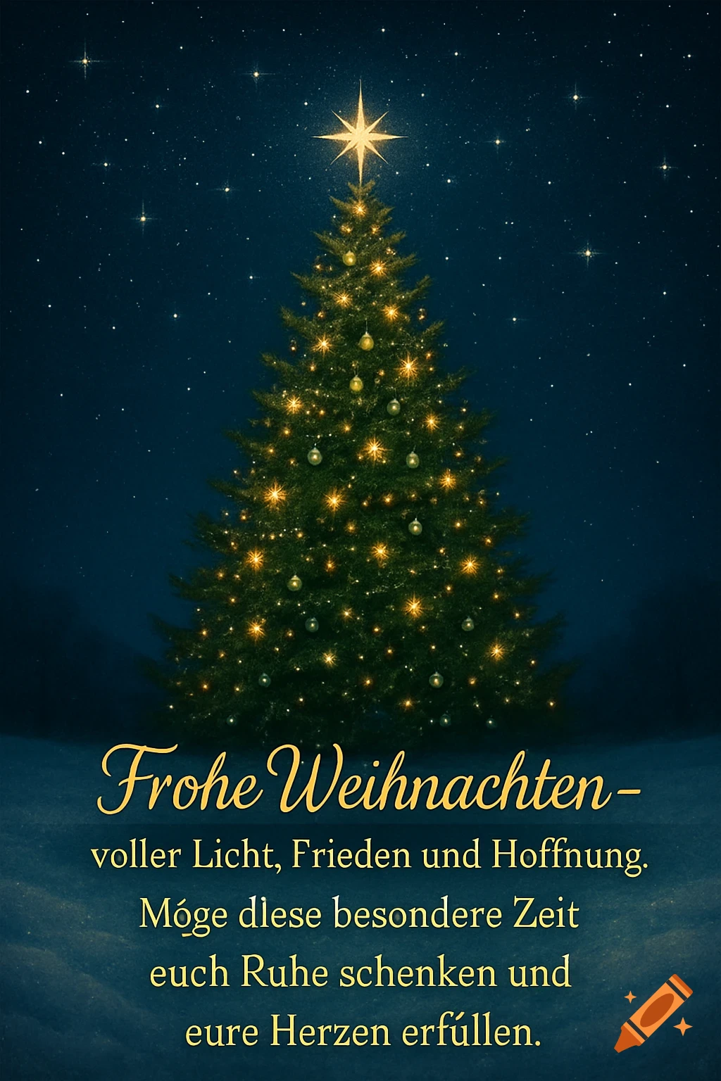 A lit Christmas tree with a star topper against a dark blue starry night sky, with German holiday greetings text below.