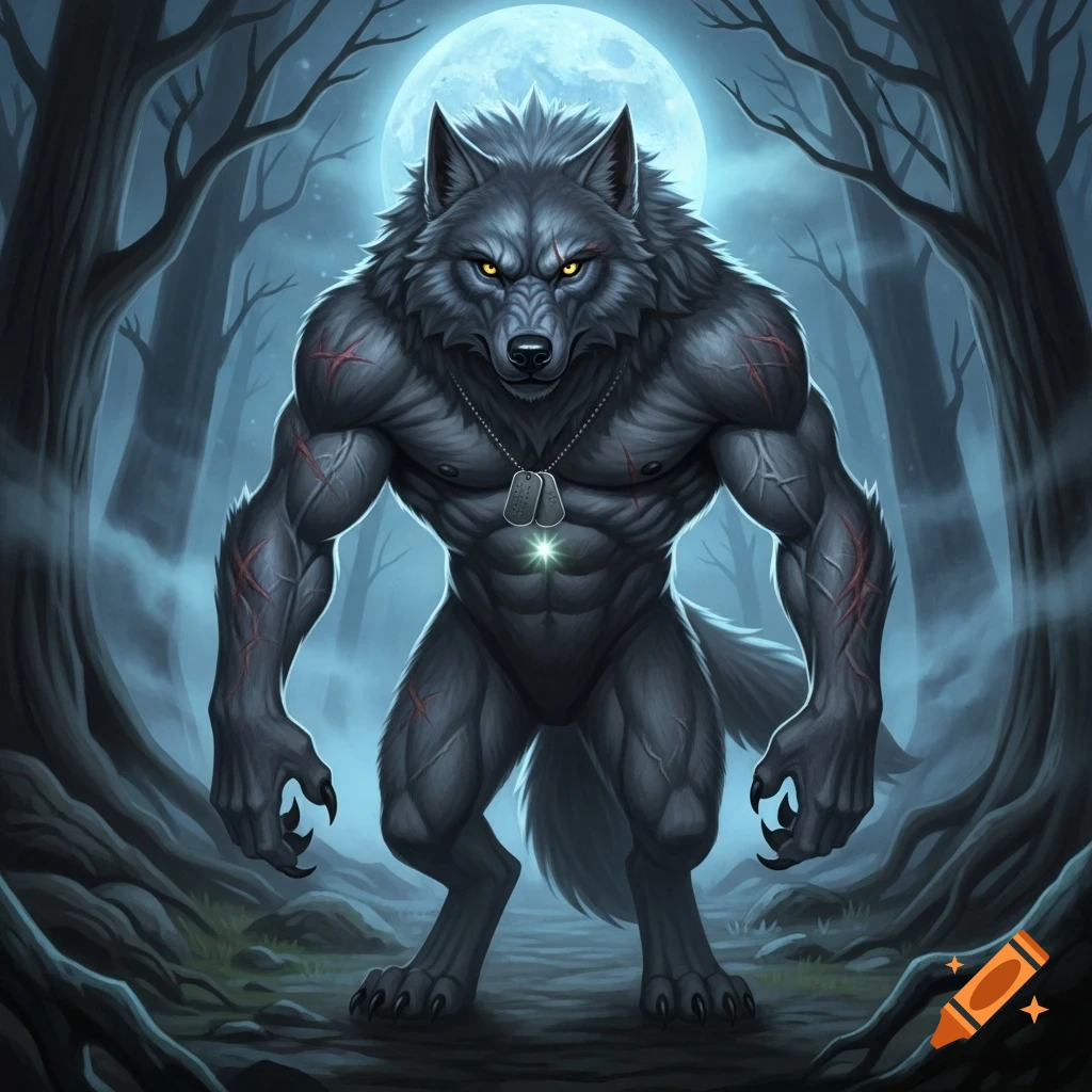 Muscular smokey grey werewolf with glowing eyes, war scars, and dog tags stands in a mysterious forest under a full moon.