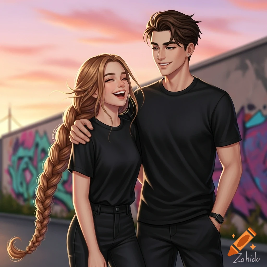 An anime-style illustration of a happy couple, a woman with a long braid and a man, smiling arm in arm in front of a graffiti wall at sunset.