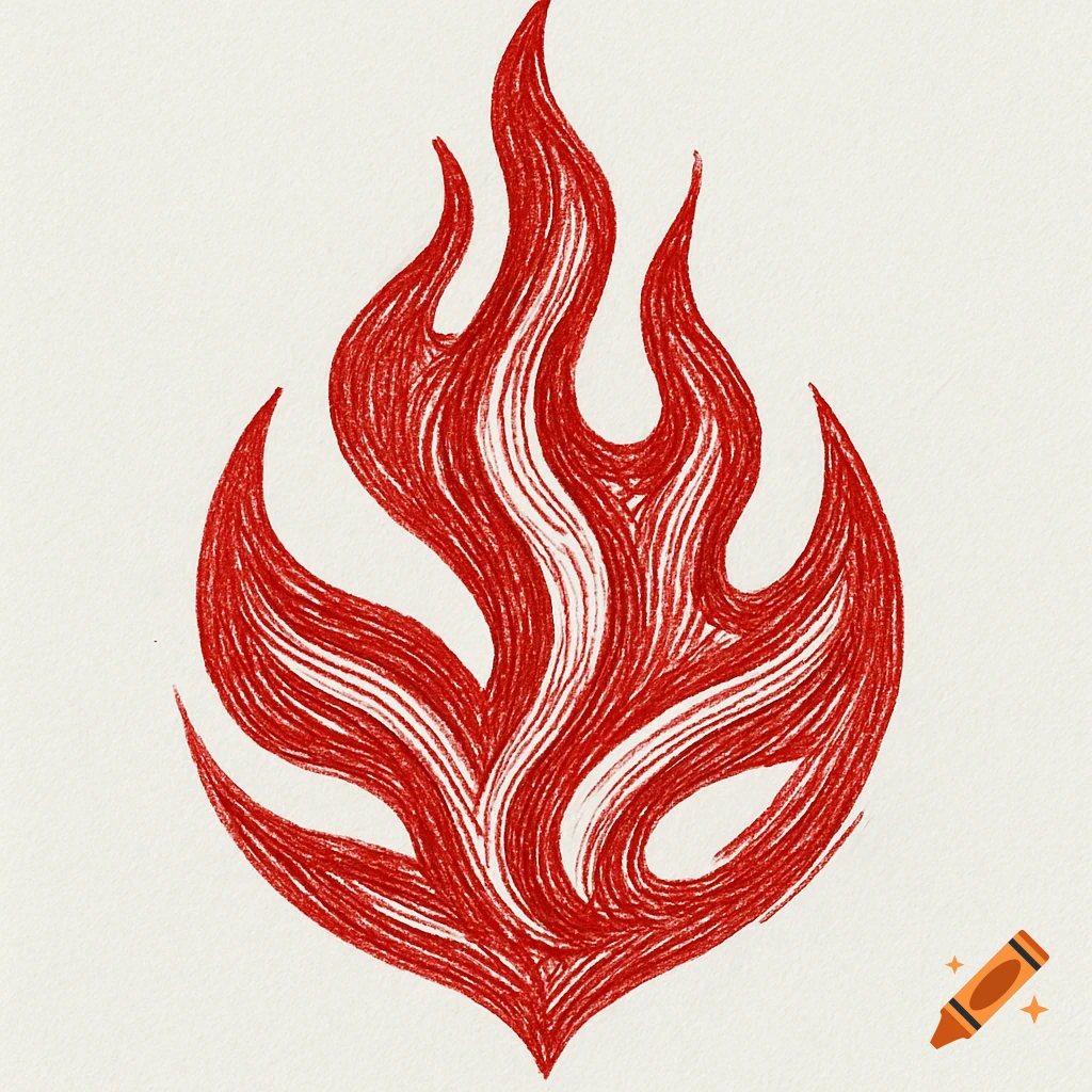 A stylized red fire logo drawn with thick, textured strokes on a light background, resembling a crayon drawing.