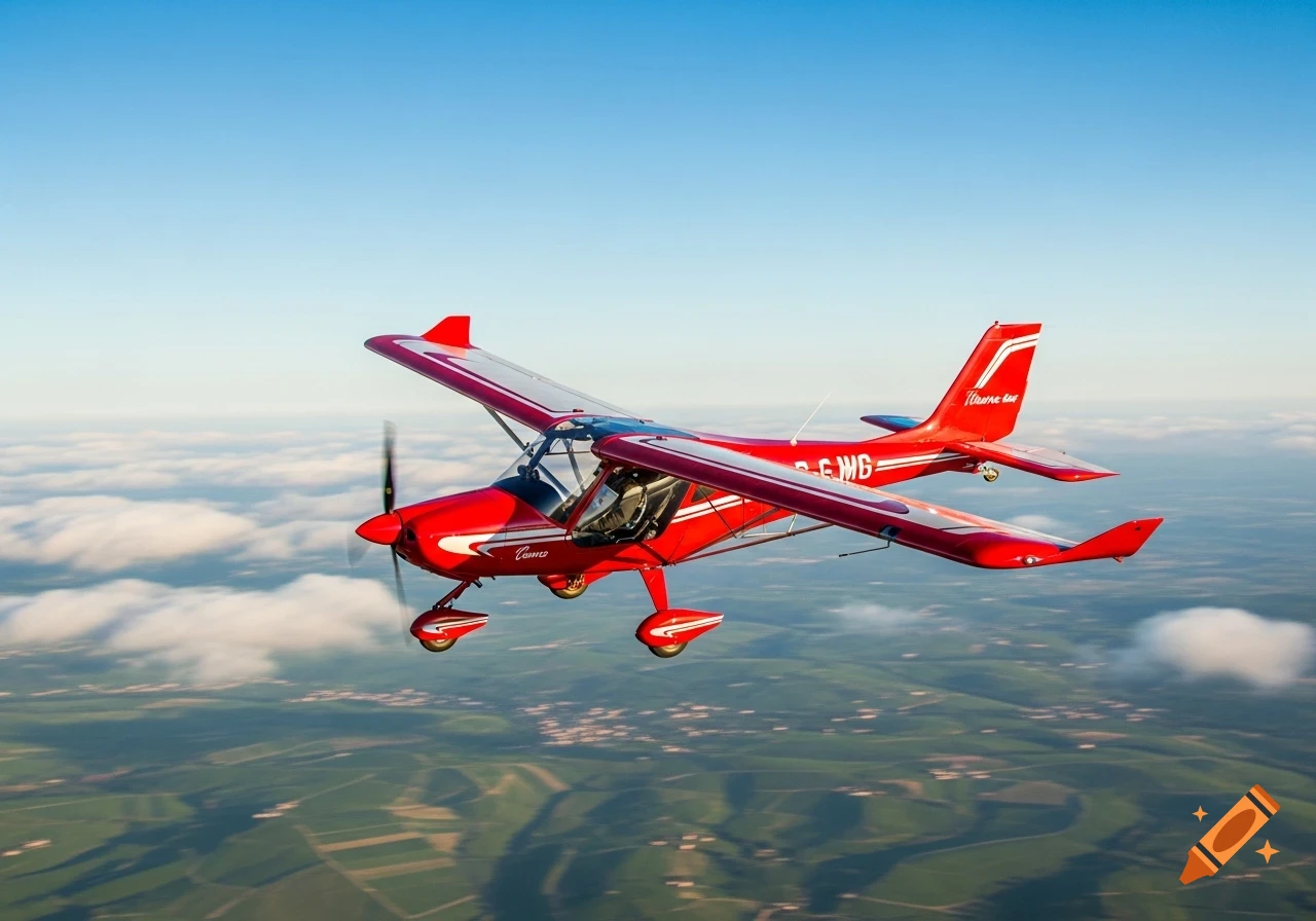 A red microlight aircraft with white accents flies high above clouds and a green landscape under a clear blue sky.