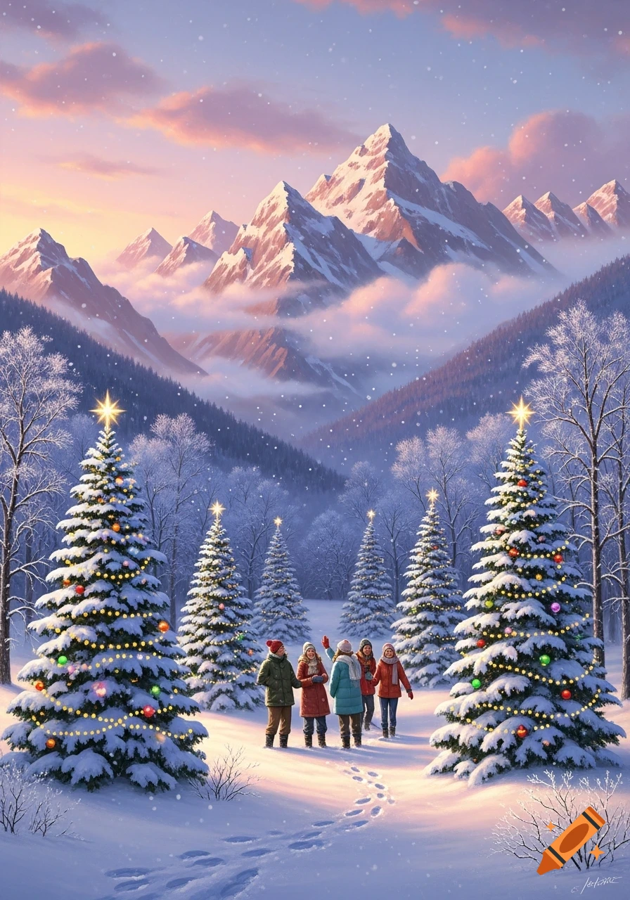 Five people walk among decorated Christmas trees in a snowy mountain landscape under a pink and blue sky, with snow falling.