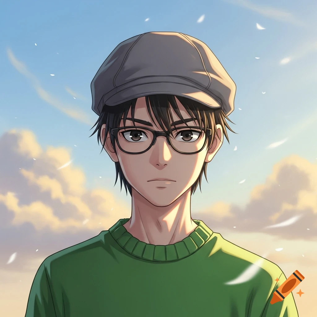 An anime boy with dark hair and glasses wearing a green sweater and a grey cap, against a sky with clouds.