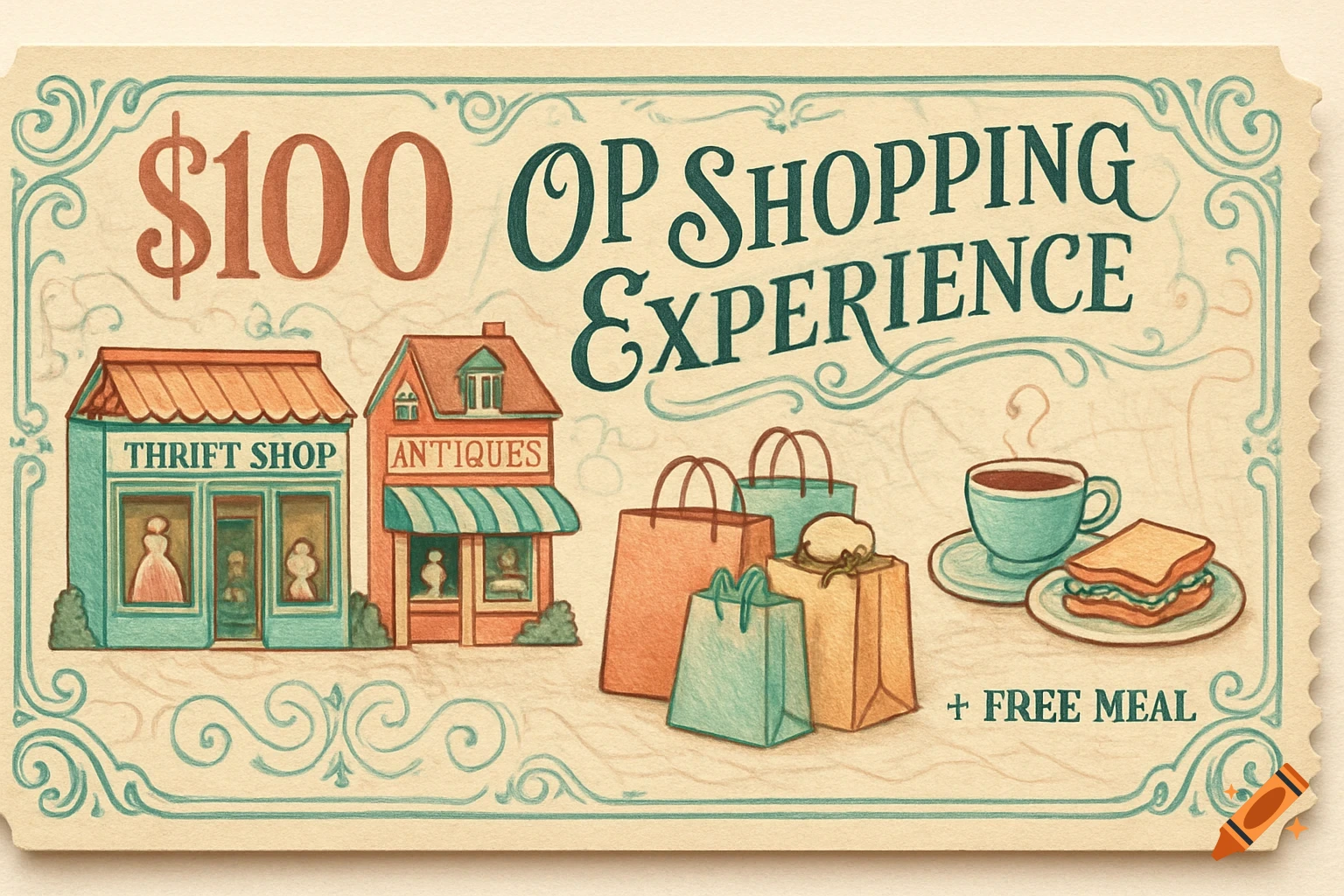 An illustrated vintage-style shopping voucher for $100 for an 'Op Shopping Experience,' showing a thrift shop, an antique store, shopping bags, and a free meal with coffee and a sandwich. The text also mentions 'Free Meal.'