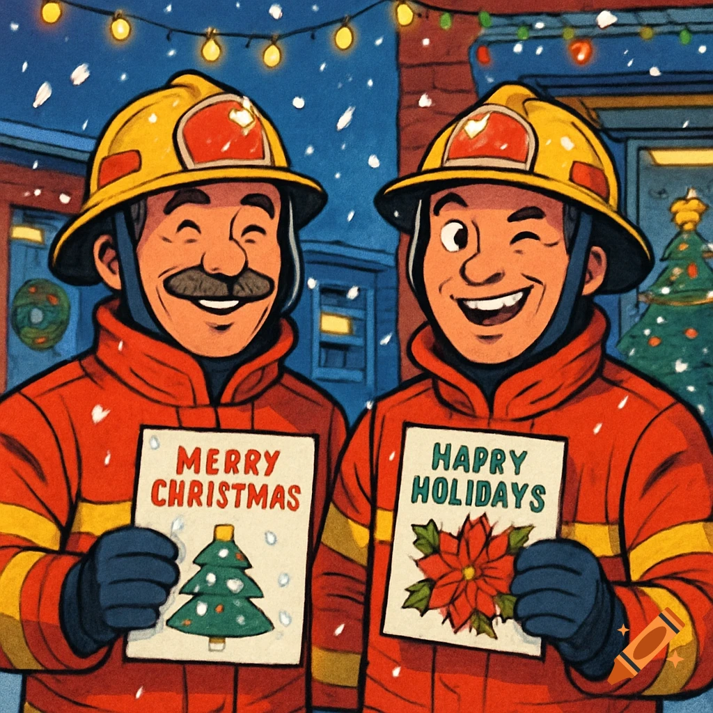 Two smiling cartoon firefighters in a snowy scene, holding holiday cards. One card says "MERRY CHRISTMAS" with a Christmas tree, the other says "HAPRY HOLIDAYS" with a poinsettia.