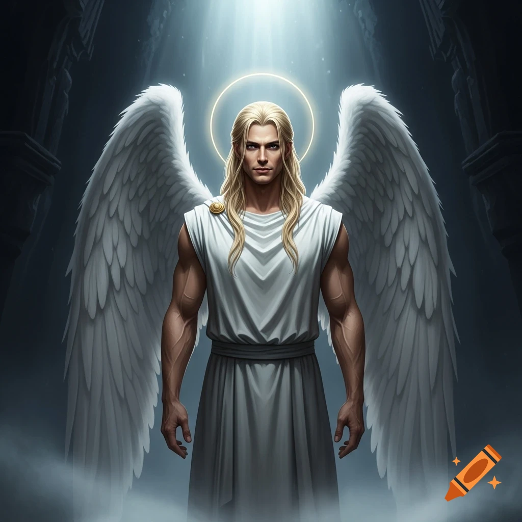 A muscular man with long blonde hair, white wings, and a halo wears a white tunic, standing in a dim hall under a bright light.