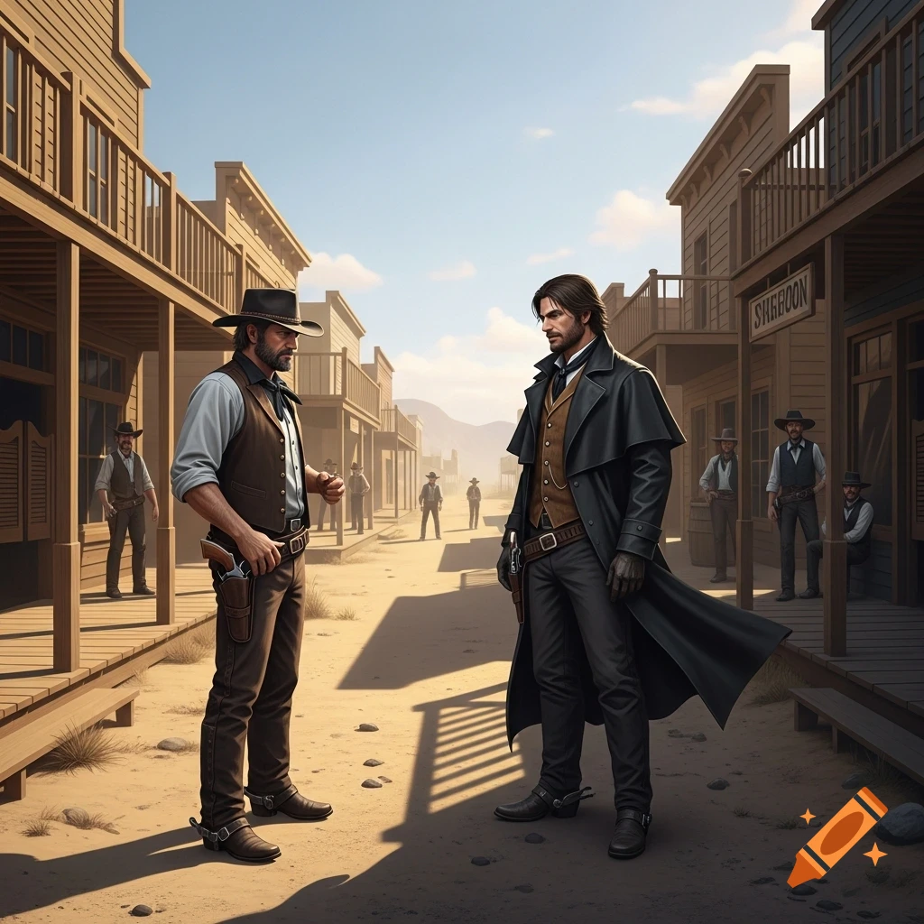 Two cowboys stand in a dusty Old West town street, facing each other in a standoff with holstered pistols.