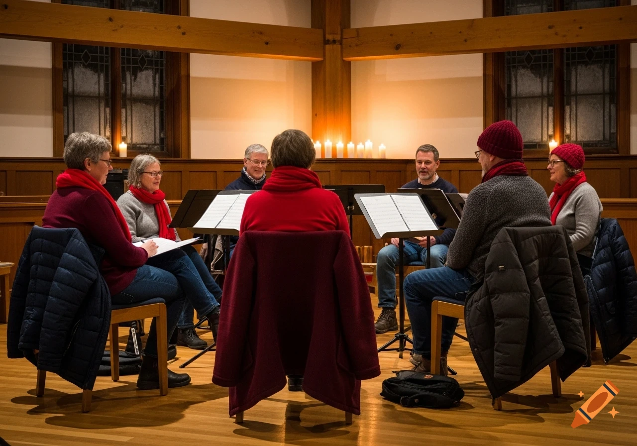 A small group of diverse adults practicing choir in a warmly lit church room, with sheet music and winter coats nearby.