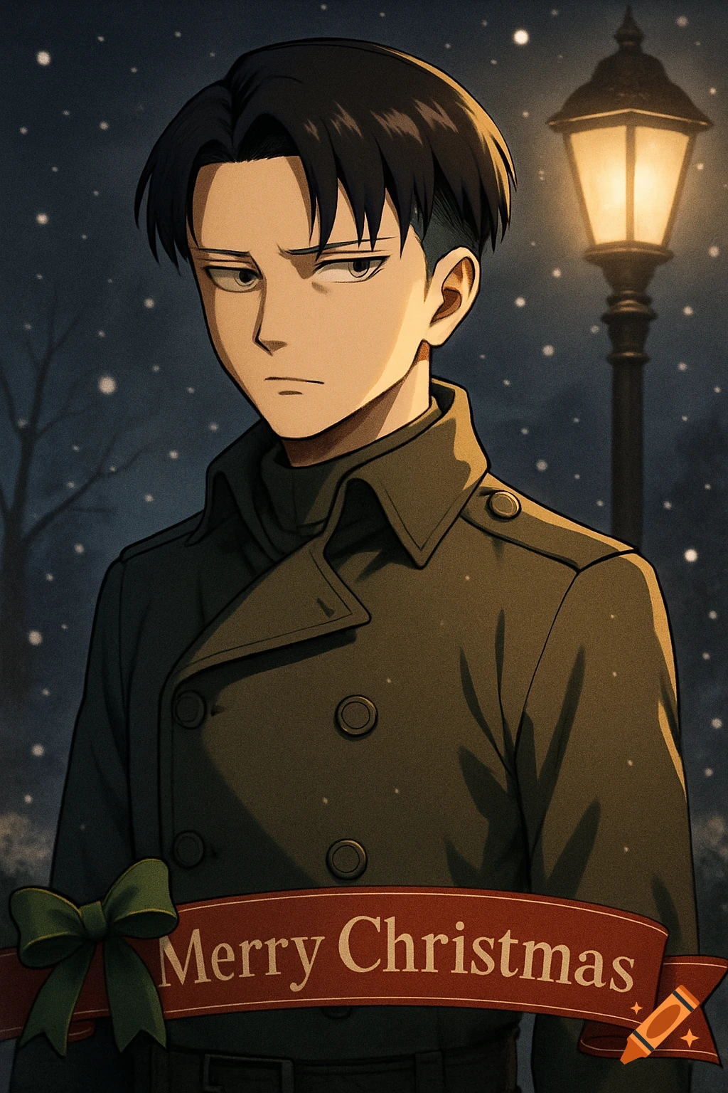 Anime man with dark hair and a stern expression, wearing a military-style coat in falling snow under a streetlamp, with a Merry Christmas banner.