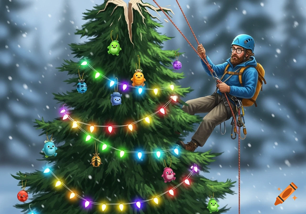 An illustration of a bearded man with glasses and a blue helmet climbing a decorated Christmas tree in falling snow.