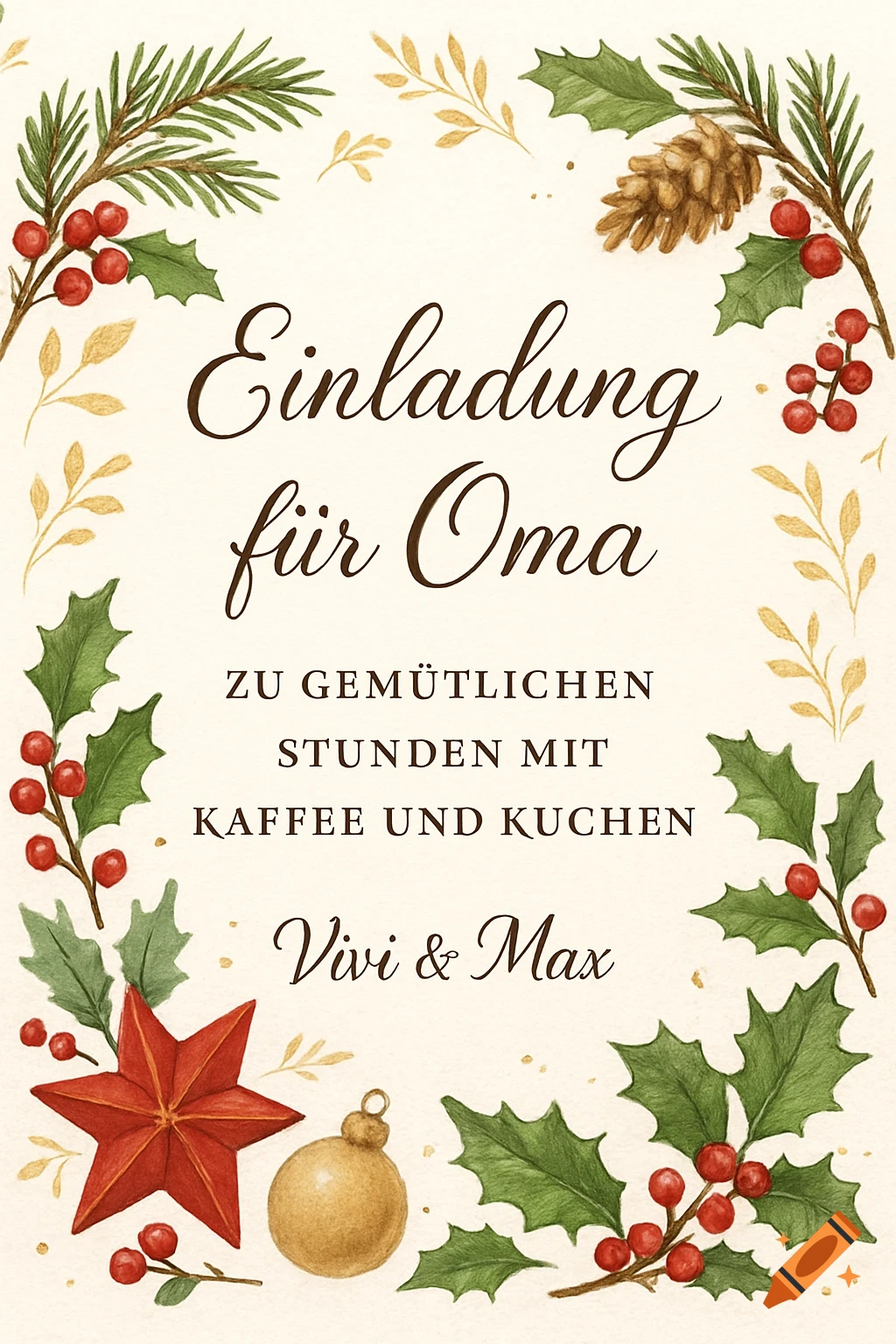 Watercolor Christmas invitation with holly, pine, berries, a pinecone, a red star, and an ornament. Text in German: 'Einladung für Oma, zu gemütlichen Stunden mit Kaffee und Kuchen, Vivi & Max'.