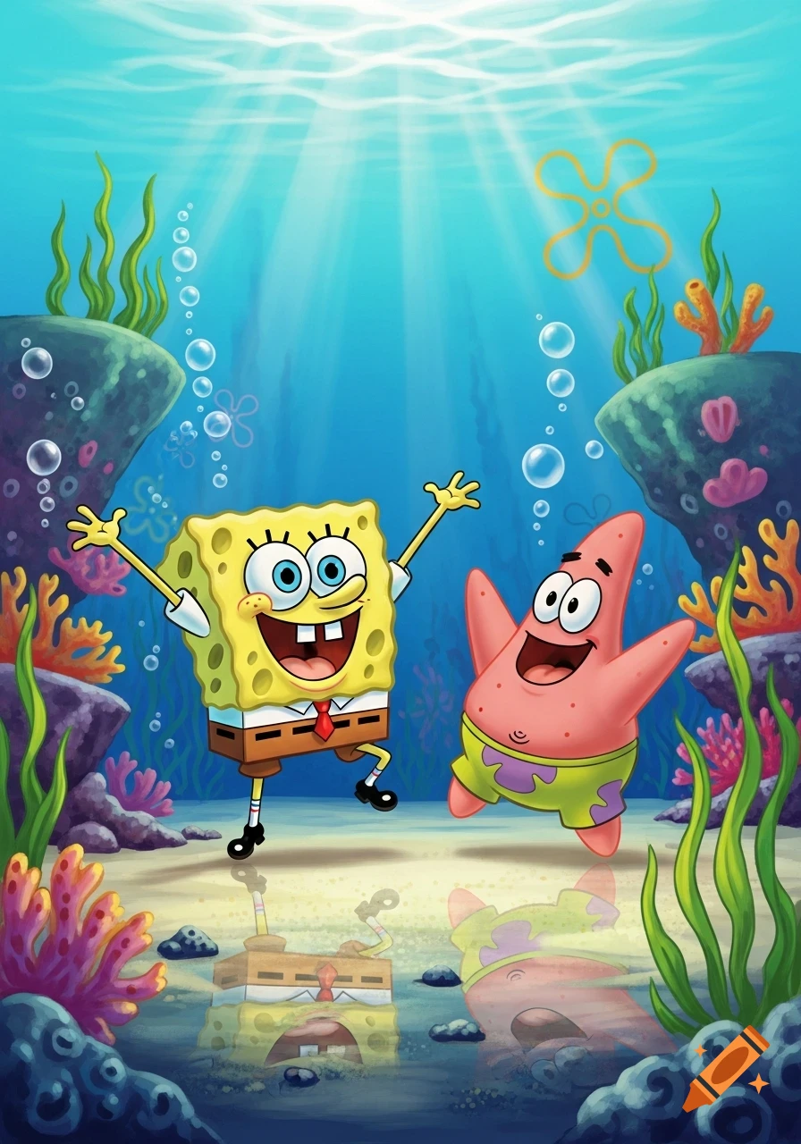 Spongebob Squarepants and Patrick Star happily running underwater among coral and rocks in a bright cartoon style.