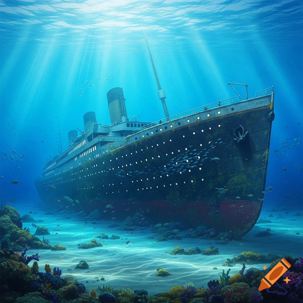 The Titanic shipwreck rests on the ocean floor, surrounded by vibrant coral reefs and schools of fish, with sunlight filtering through the blue water.