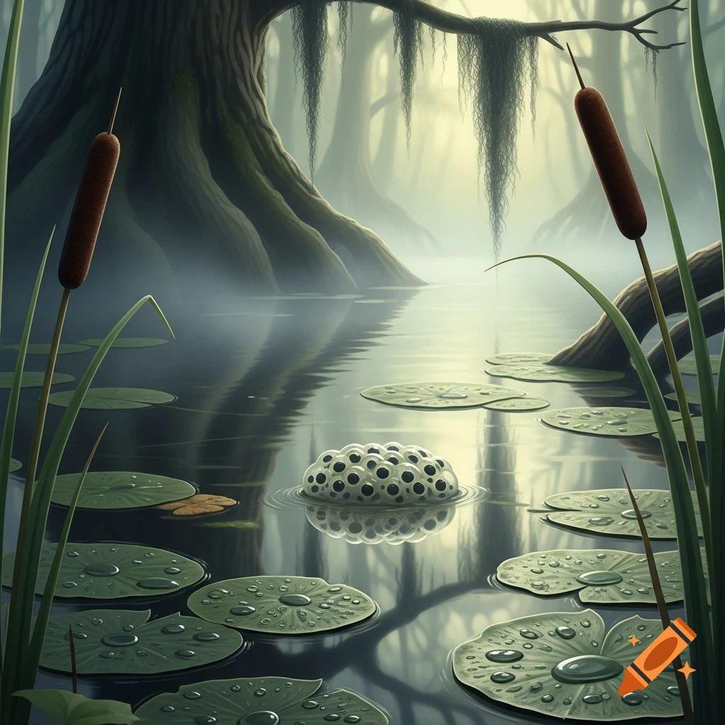 A foggy swamp scene with large trees, lily pads, cat-tails, and frog eggs floating on reflective water.