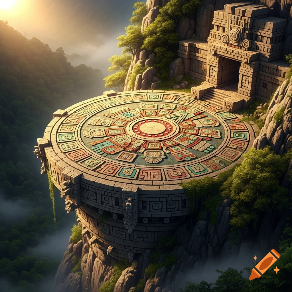 A large circular ancient Mayan-style landing pad with colorful frescoes, built into a lush green mountain cliff with a temple at sunset.