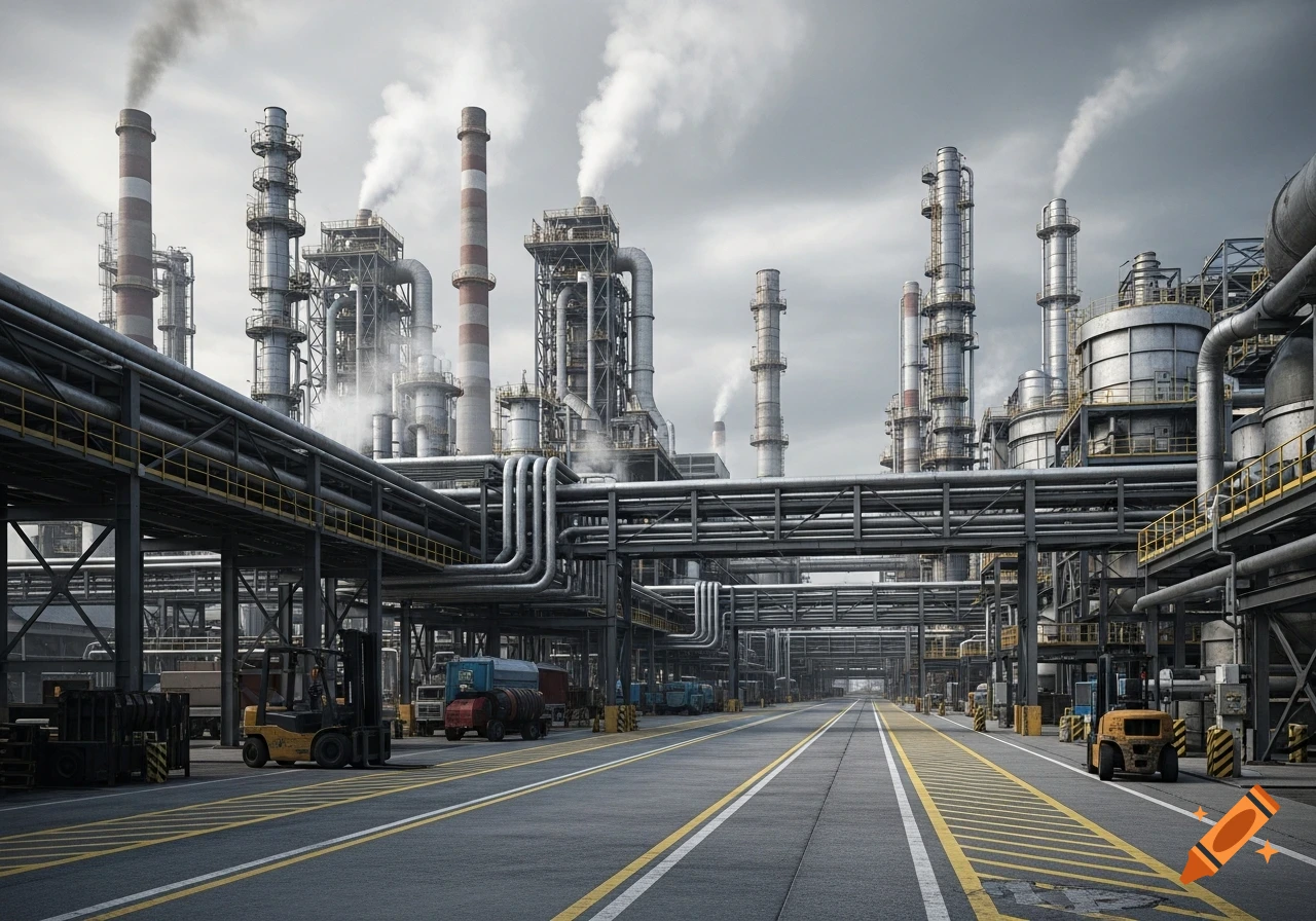 Photorealistic image of a vast industrial complex with multiple chimneys emitting smoke, intricate pipe networks, and forklifts on a paved road under a cloudy sky.