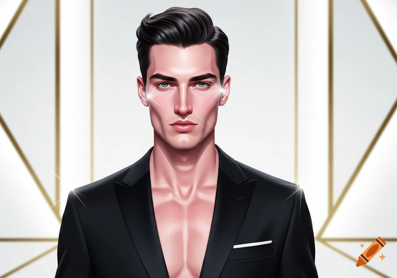 Stylized portrait of a male model with blue eyes, dark hair, wearing an open black suit jacket against a white geometric background.