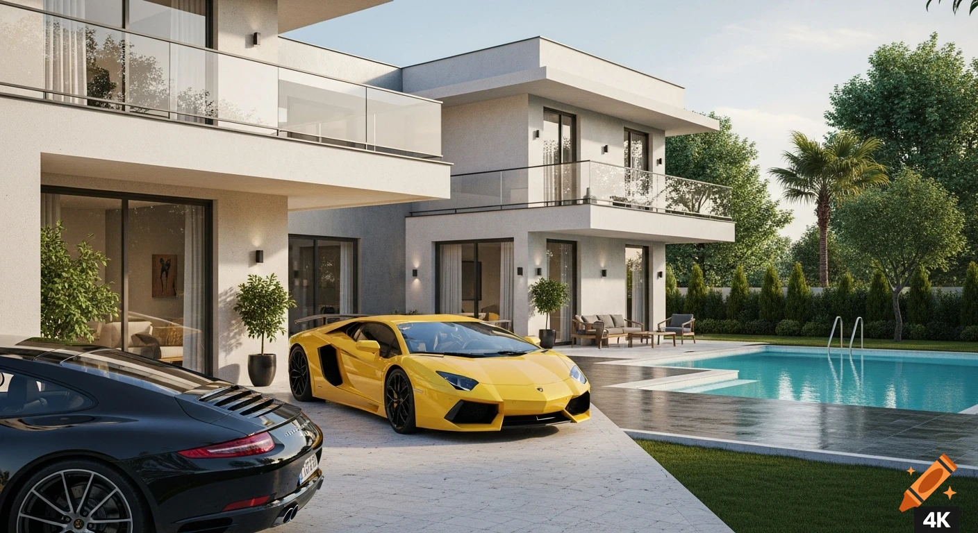 An ultra-realistic photo of a luxurious modern villa with a swimming pool and garden. A bright yellow Lamborghini Aventador and a black Porsche 911 are parked on the driveway on a sunny day.