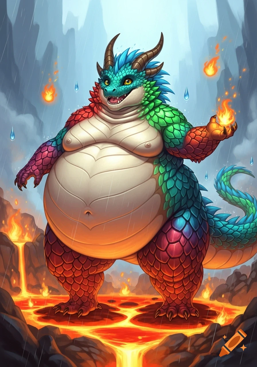 A chubby, colorful anthropomorphic dragon with blue, green, red, and ...