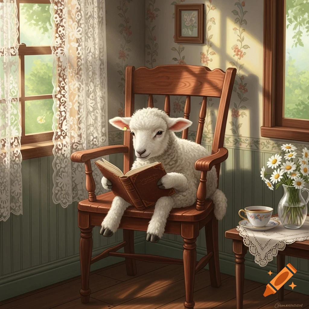 A fluffy white lamb sits in a wooden rocking chair, reading a brown book in a sunlit room with lace curtains.