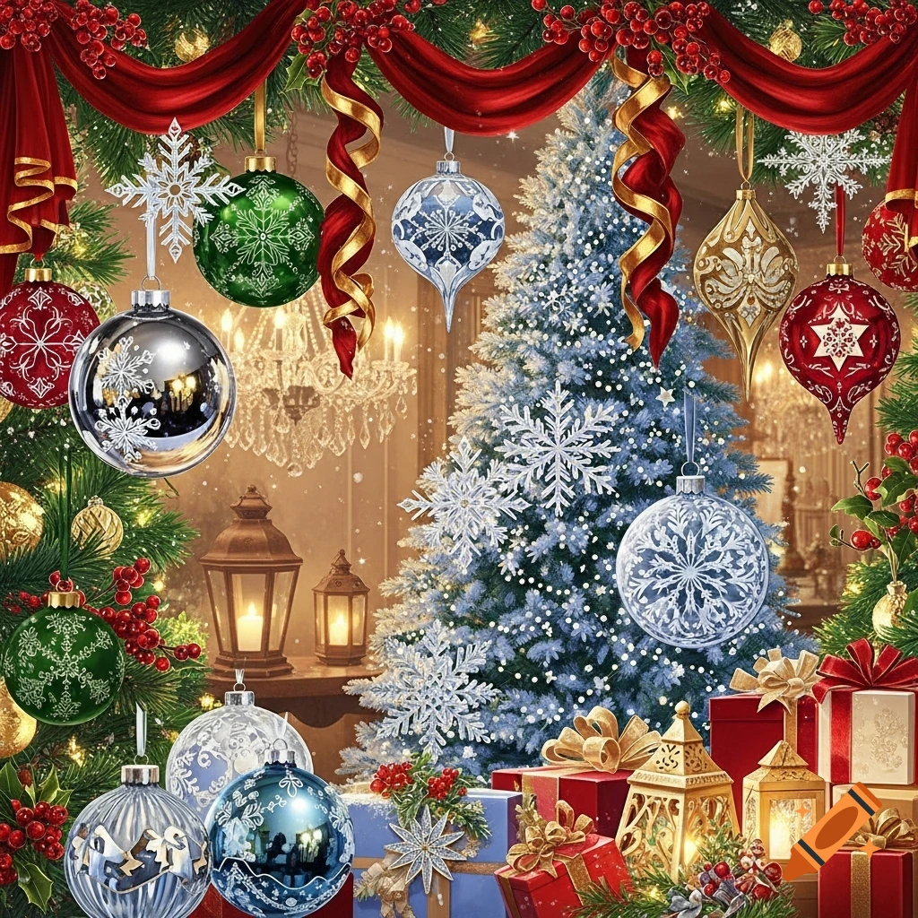 Vibrant Christmas decorations, including a snow-dusted tree, hanging ornaments, and wrapped presents, set in a festive interior.