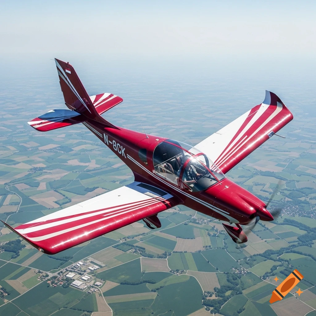 A red and white light aircraft with registration N-8CK flies over green fields under a clear blue sky.