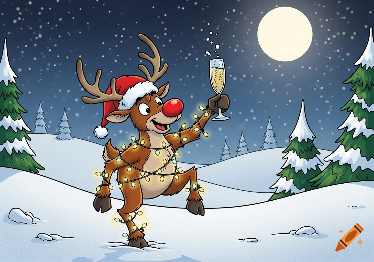 Cartoon reindeer wearing a Santa hat, entangled in Christmas lights, holding a champagne glass in a snowy night landscape.