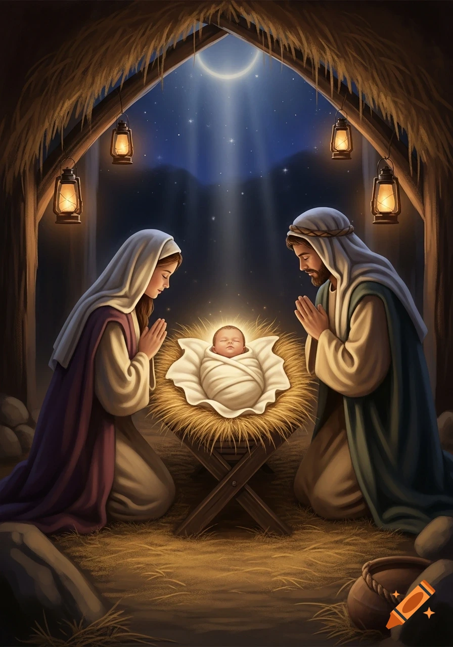 Mary and Joseph kneel in a stable, praying over baby Jesus glowing in a manger under a moonlit sky. Illustrated style.