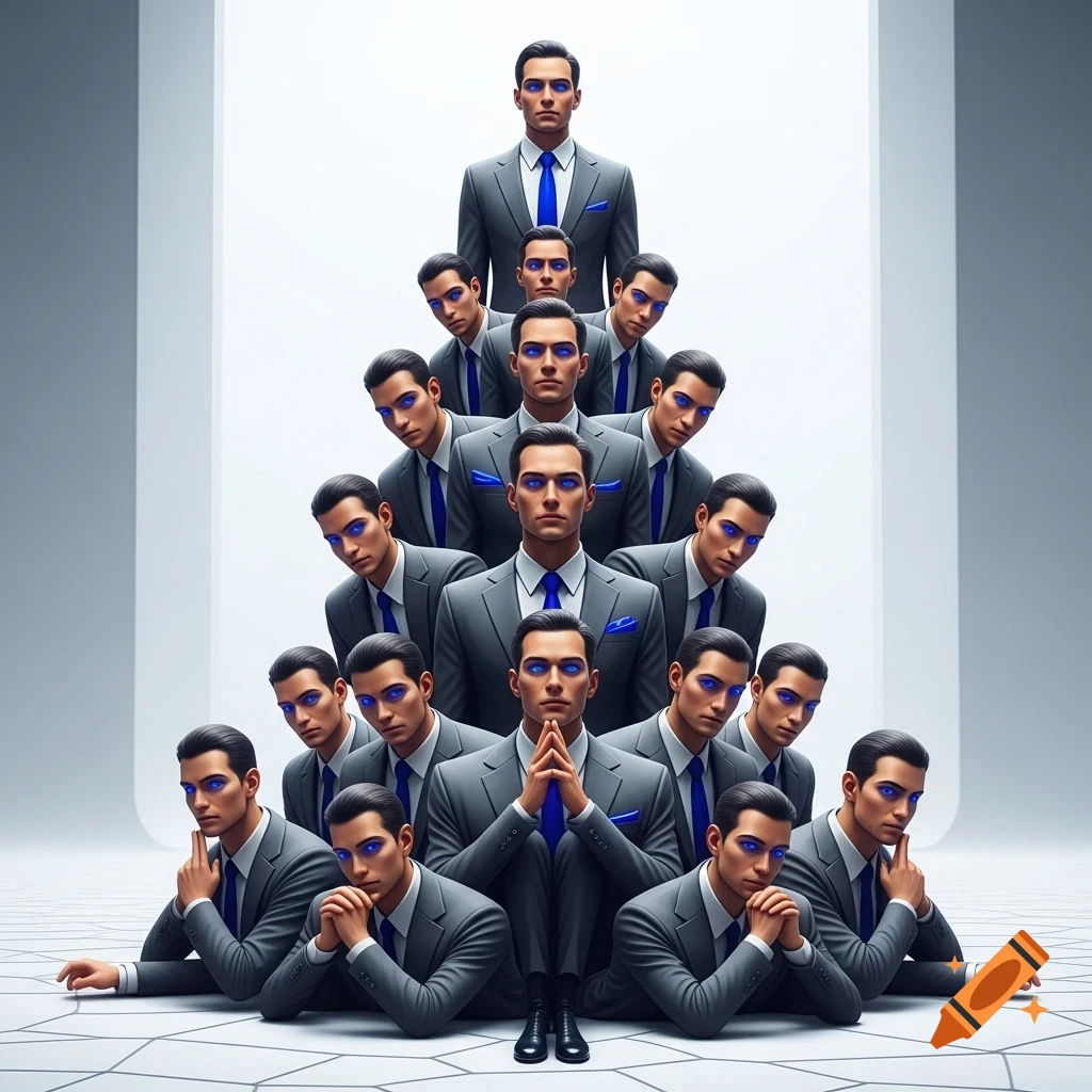A pyramid of numerous identical men in grey suits and blue ties, all with bright blue eyes, against a minimalist white and grey background.