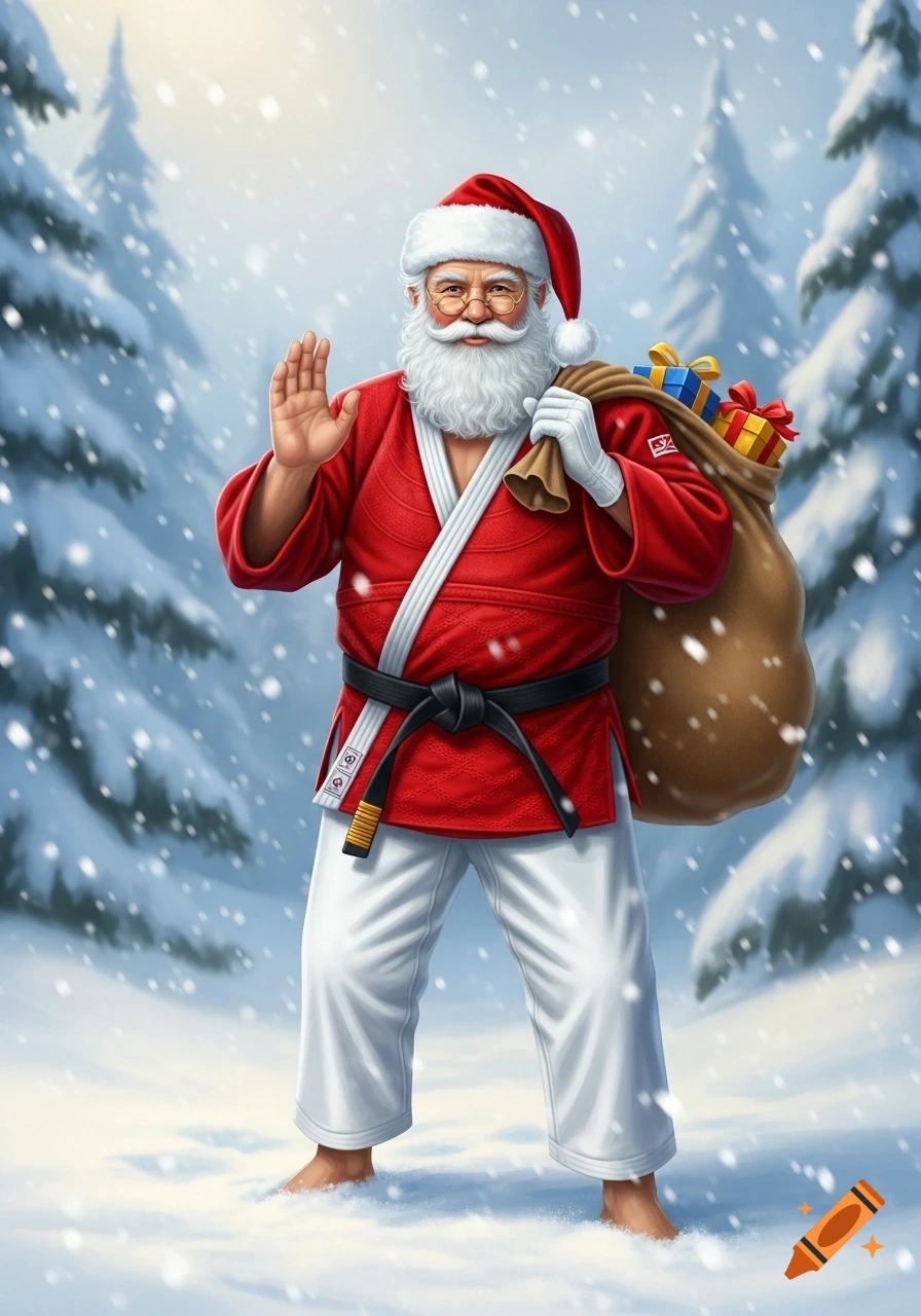 Santa Claus wearing a red judogi with a black belt, carrying a sack of gifts, standing barefoot in a snowy pine forest.