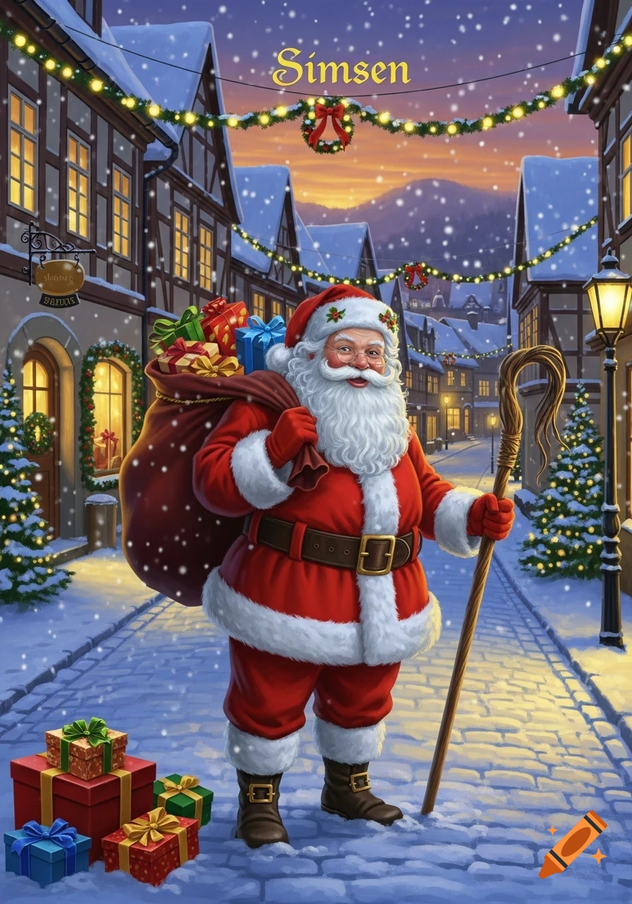 Santa Claus carrying a sack of gifts and a staff walks through a snowy, festive village street at dusk, with "Simsen" written in yellow above.