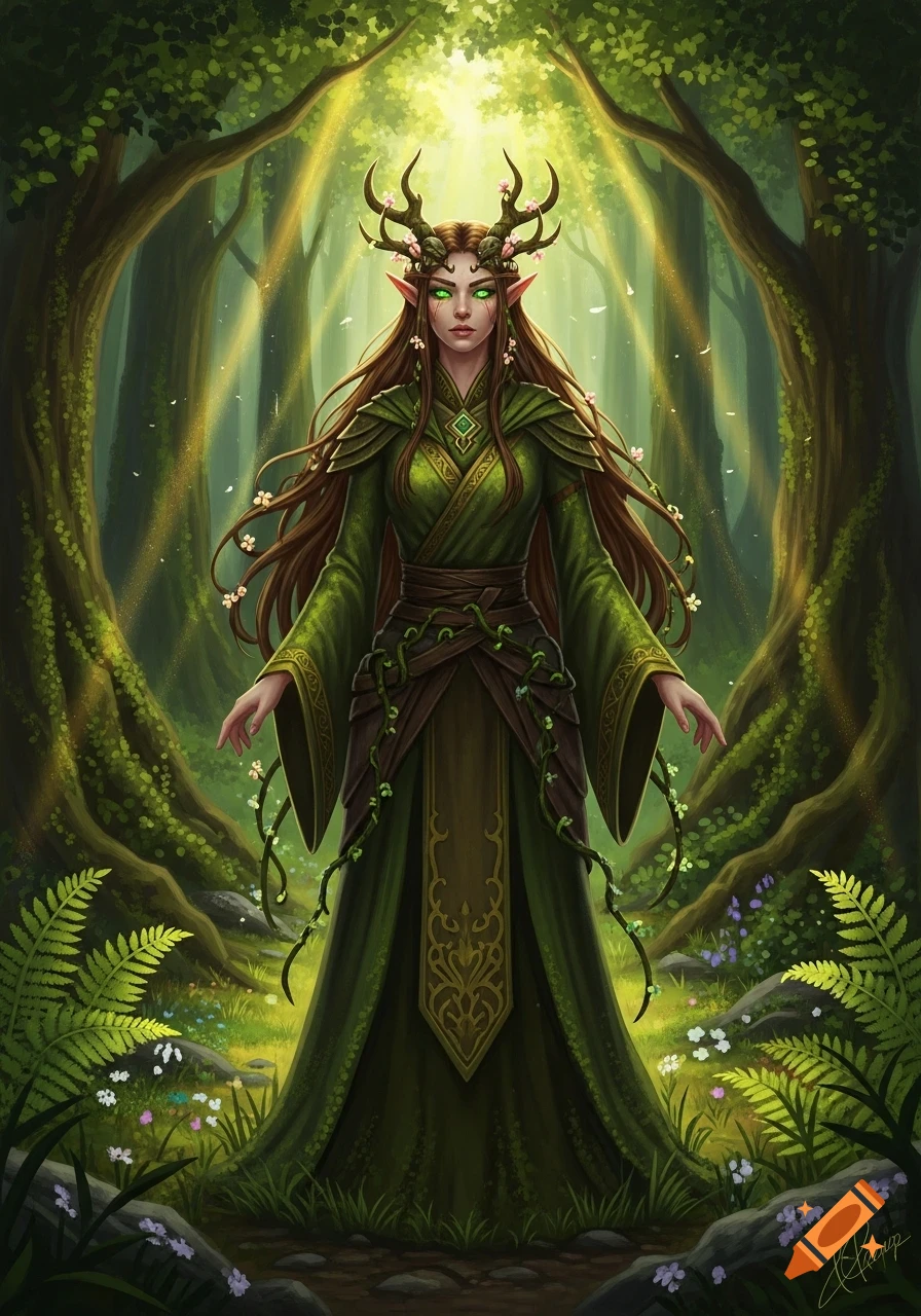 A fantasy elf druid with green eyes, long brown hair, and antlers, wearing a green, vine-decorated dress, stands in a sunlit forest.