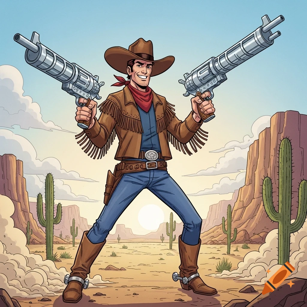 A cartoon cowboy stands in a desert landscape, smiling and holding two large, stylized guns.