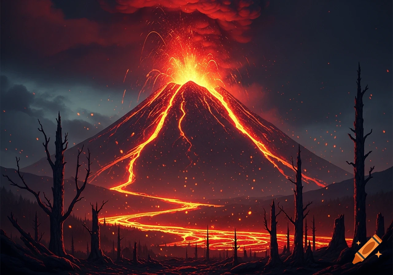A dramatic volcanic eruption with bright orange lava flowing down the mountain, illuminating a dark, barren landscape with dead trees.