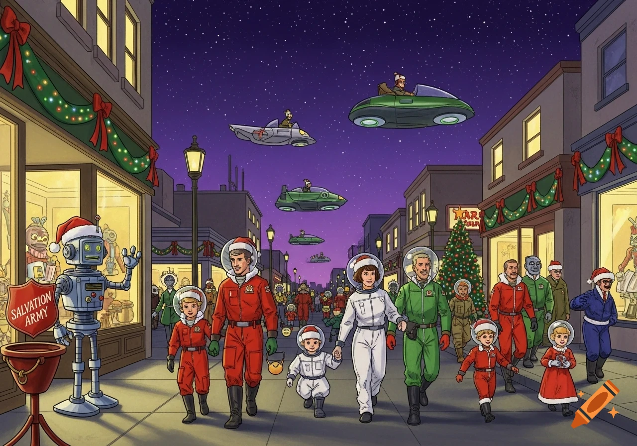 Norman Rockwell-style illustration of people, robots, and aliens in space suits on a Christmas-decorated futuristic street at night.