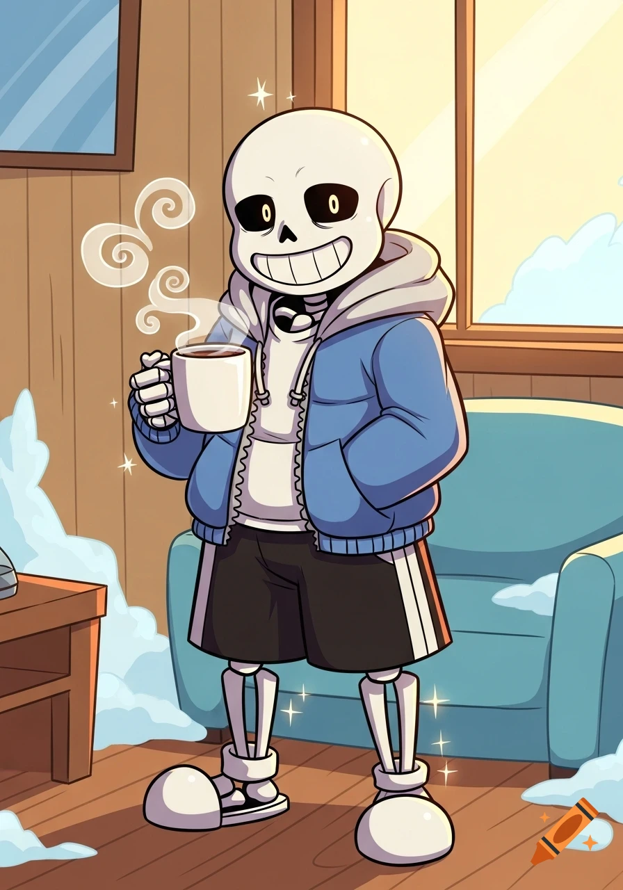 Cartoon Sans from Undertale smiles, holding a steaming mug in a snowy indoor scene.