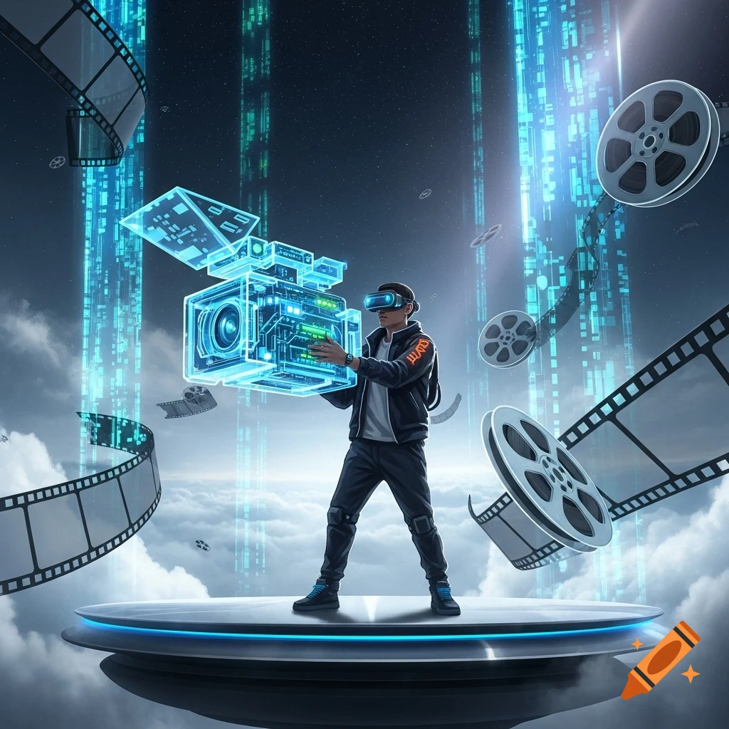 A person with a VR headset operates a glowing holographic camera, surrounded by film reels and digital streams in a sci-fi scene.