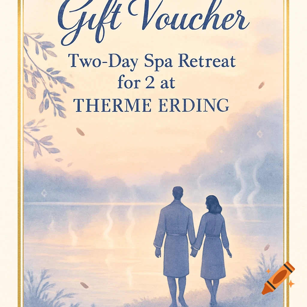 Illustrated gift voucher for a Two-Day Spa Retreat at Therme Erding. A couple in robes stands by a misty lake at dawn.