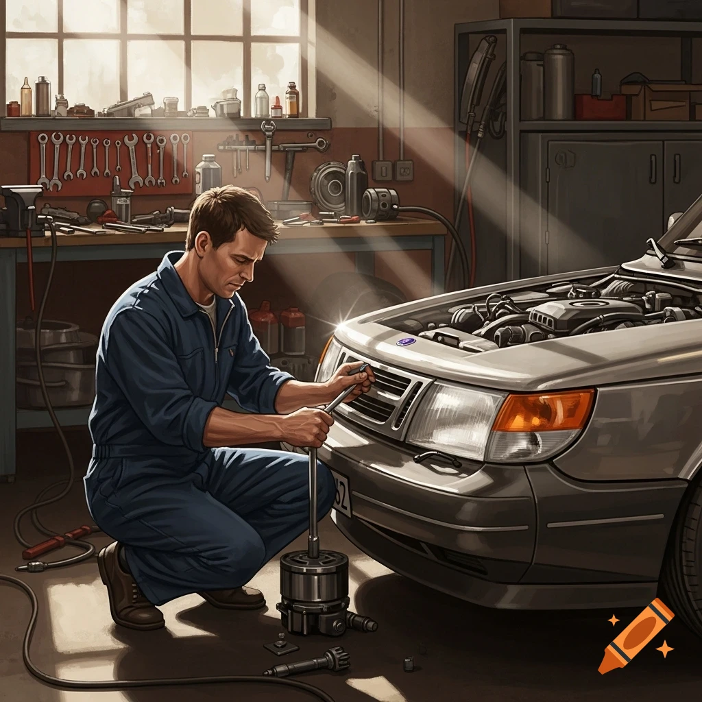 A mechanic in blue overalls crouches, working on the front of a silver Saab car in a sunlit garage workshop.