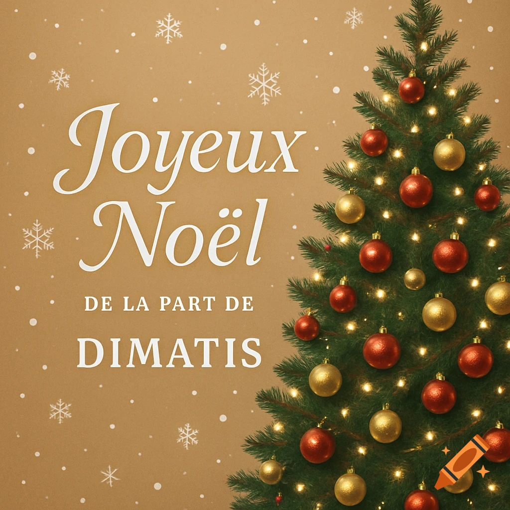 A festive Christmas card with a decorated Christmas tree on the right and text "Joyeux Noël de la part de DIMATIS" on a gold background with snowflakes.