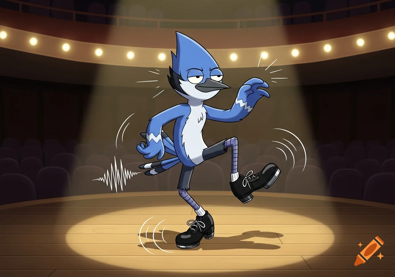 Mordecai from Regular Show tap dancing on a spotlighted stage in a cartoon style.