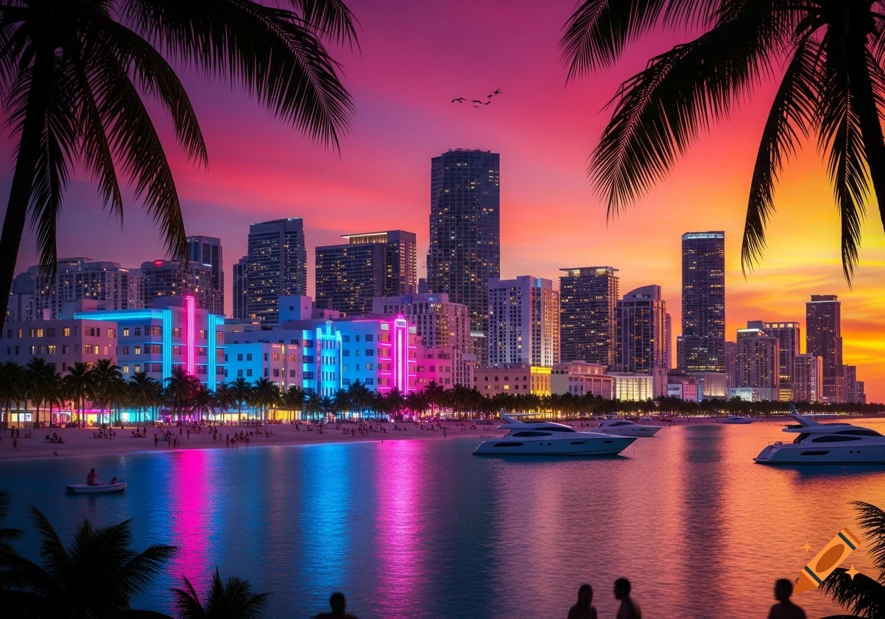 Vibrant Miami cityscape at sunset, with neon-lit Art Deco buildings along a beach, reflecting in the ocean with yachts and palm trees.