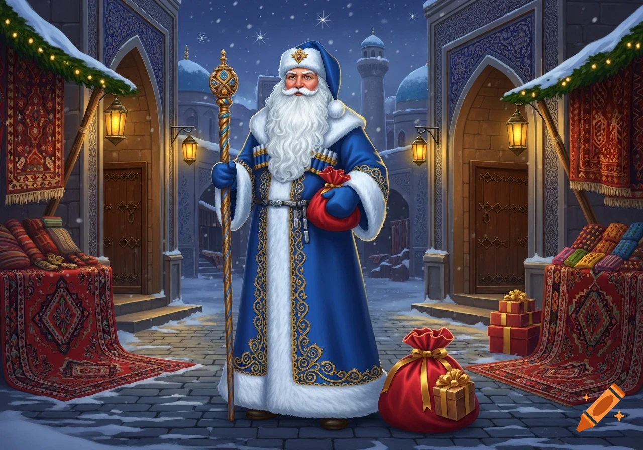 A festive Azeri Santa in a blue coat and white fur, holding a staff and gift bags, on a snowy street with ornate architecture.