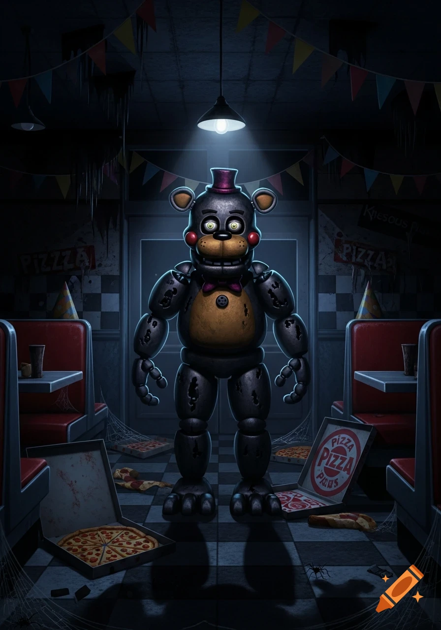 A spooky animatronic bear with a purple hat and bow tie stands in a dark, abandoned diner filled with pizza boxes, spider webs, and party decorations.