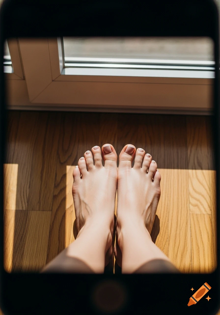 Photorealistic top-down view of a woman's feet with French manicure on a wooden floor, sunlit by a window.